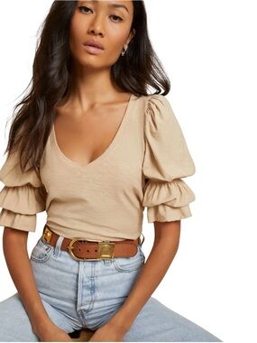 Nation Ltd Katana Tee Top Beige Tan Size Small Puff Sleeve Pima Cotton Peru